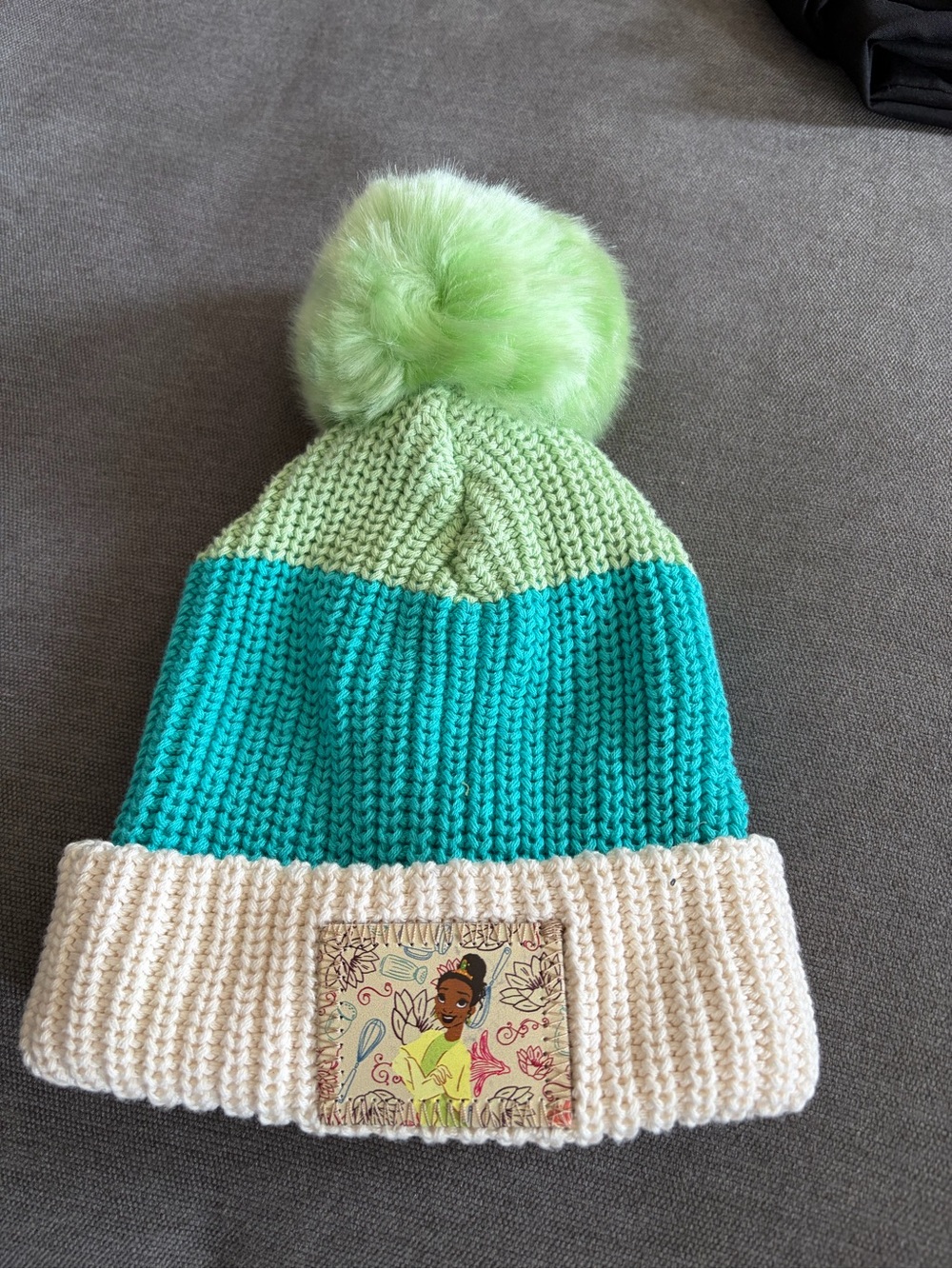 Tiana Colorblock Pom Beanie in Light Green, Teal & Cream